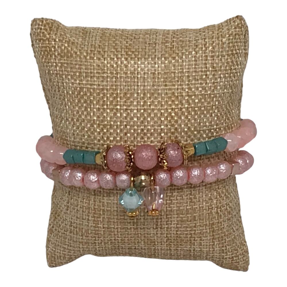 Handmade Vintage-Inspired Bracelet Set Pink Teal Glass Beads Beaded Stretch